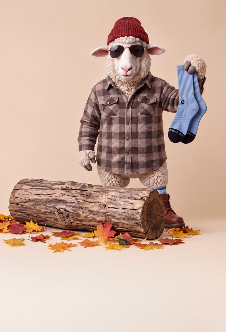 Mobile autumn banner showing WALK IT OFF mascot Wilson relaxing on a log beneath autumn leaves, wearing Dull Blue merino socks.