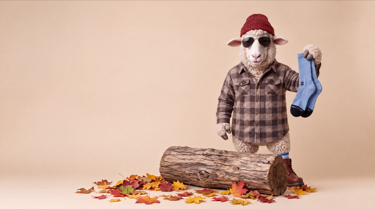 WALK IT OFF mascot Wilson relaxing on a log beneath autumn leaves, wearing Dull Blue merino socks.