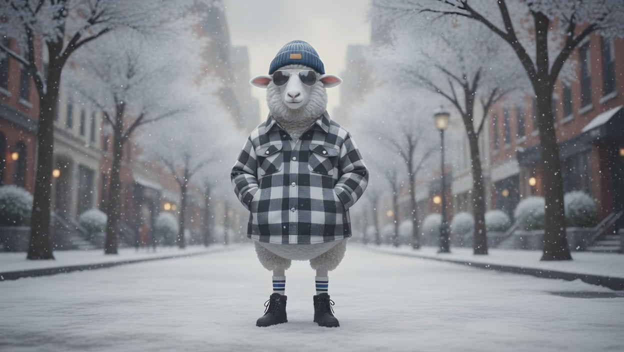 Mascotte Wilson van WALK IT OFF brengt een winterse groet in een besneeuwde straat, gekleed in geruite jas.