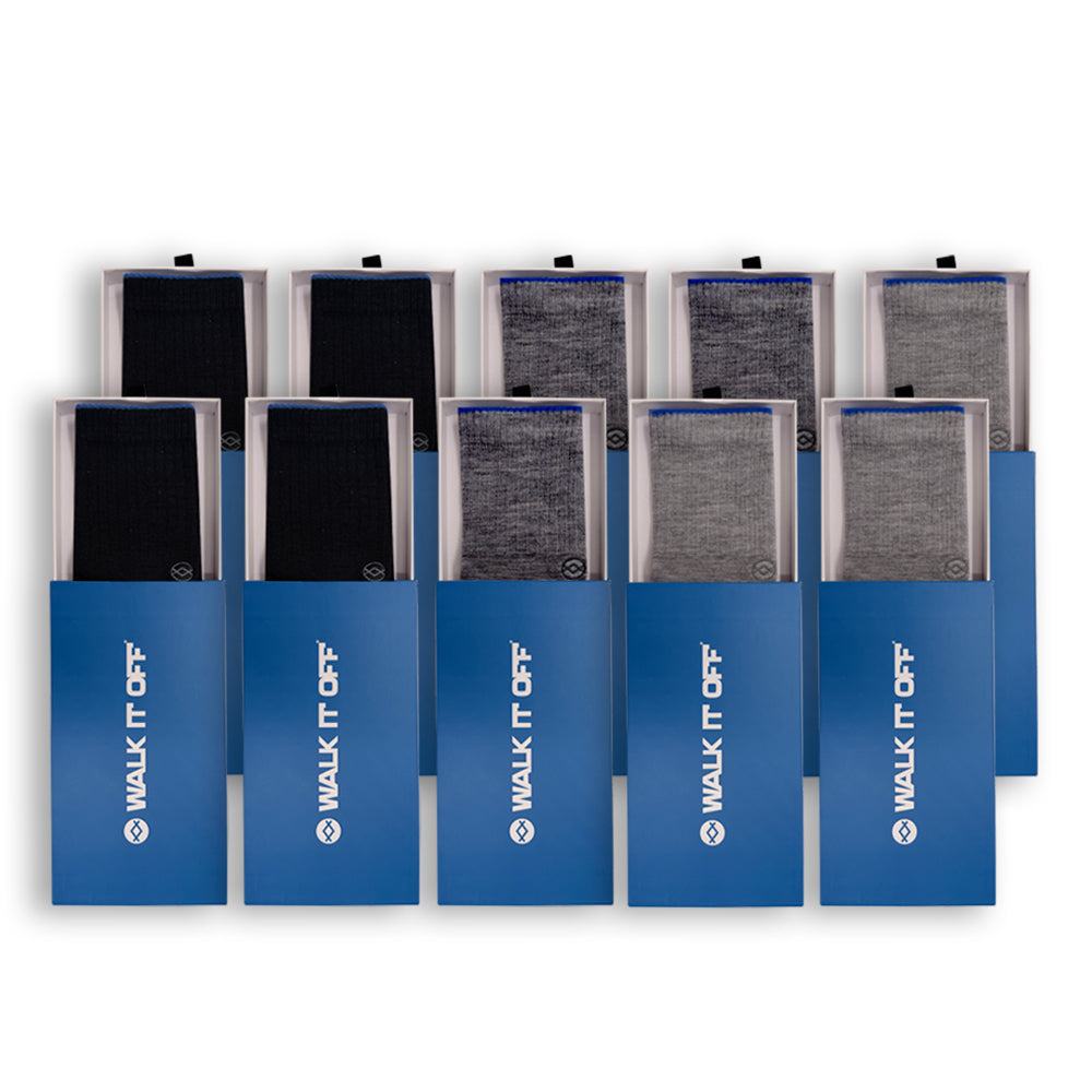 WALK IT OFF 10 pack merino sokken Dark met donkere en grijze sokken in blauwe verpakkingen