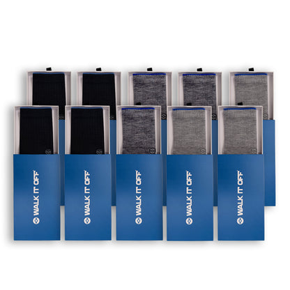 WALK IT OFF 10 pack merino sokken Dark met donkere en grijze sokken in blauwe verpakkingen