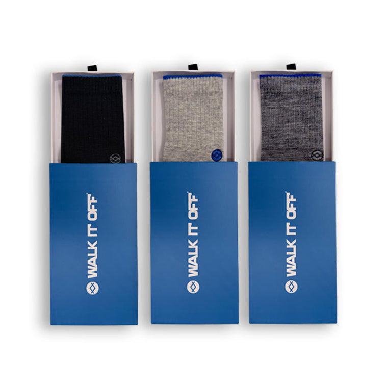 WALK IT OFF 3 pack merino sokken Core met Black, Platino en Twister in blauwe verpakkingen