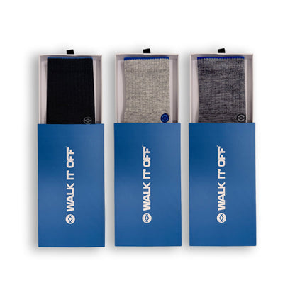 WALK IT OFF 3 pack merino sokken Core met Black, Platino en Twister in blauwe verpakkingen