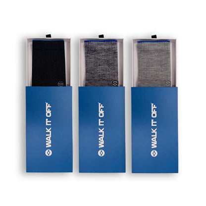 WALK IT OFF 3 pack merino sokken Dark met Black, Antracite en Twister in blauwe verpakkingen