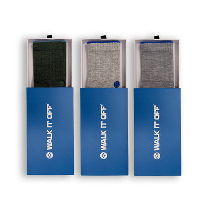 WALK IT OFF 3 pack merino sokken Mix met Ivy, Platino en Twister in blauwe verpakkingen