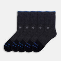 Five-pack of WALK IT OFF The 24/7 merino socks in Antracite, arranged on a light grey background.