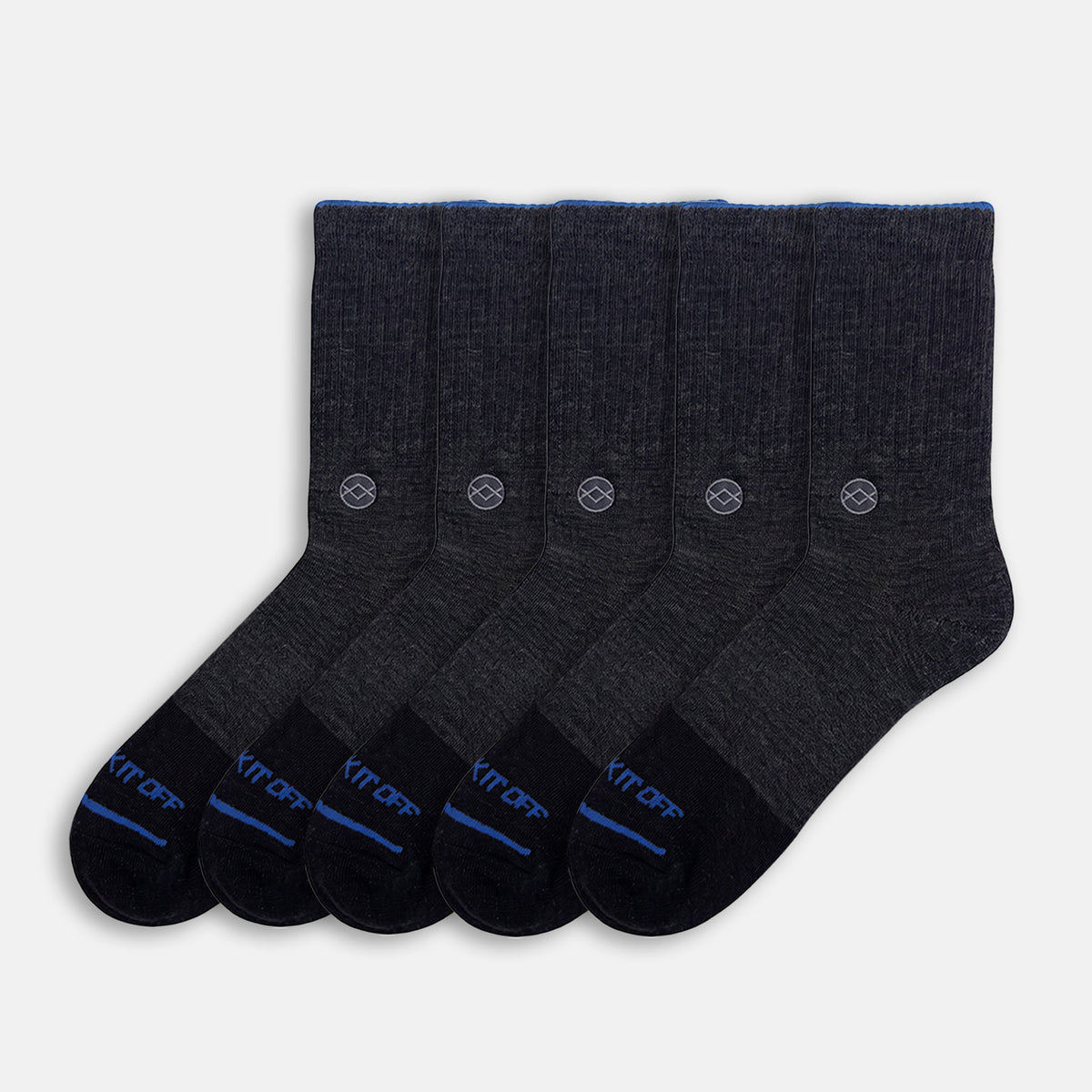 Five-pack of WALK IT OFF The 24/7 merino socks in Antracite, arranged on a light grey background.