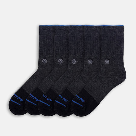 Five-pack of WALK IT OFF The 24/7 merino socks in Antracite, arranged on a light grey background.