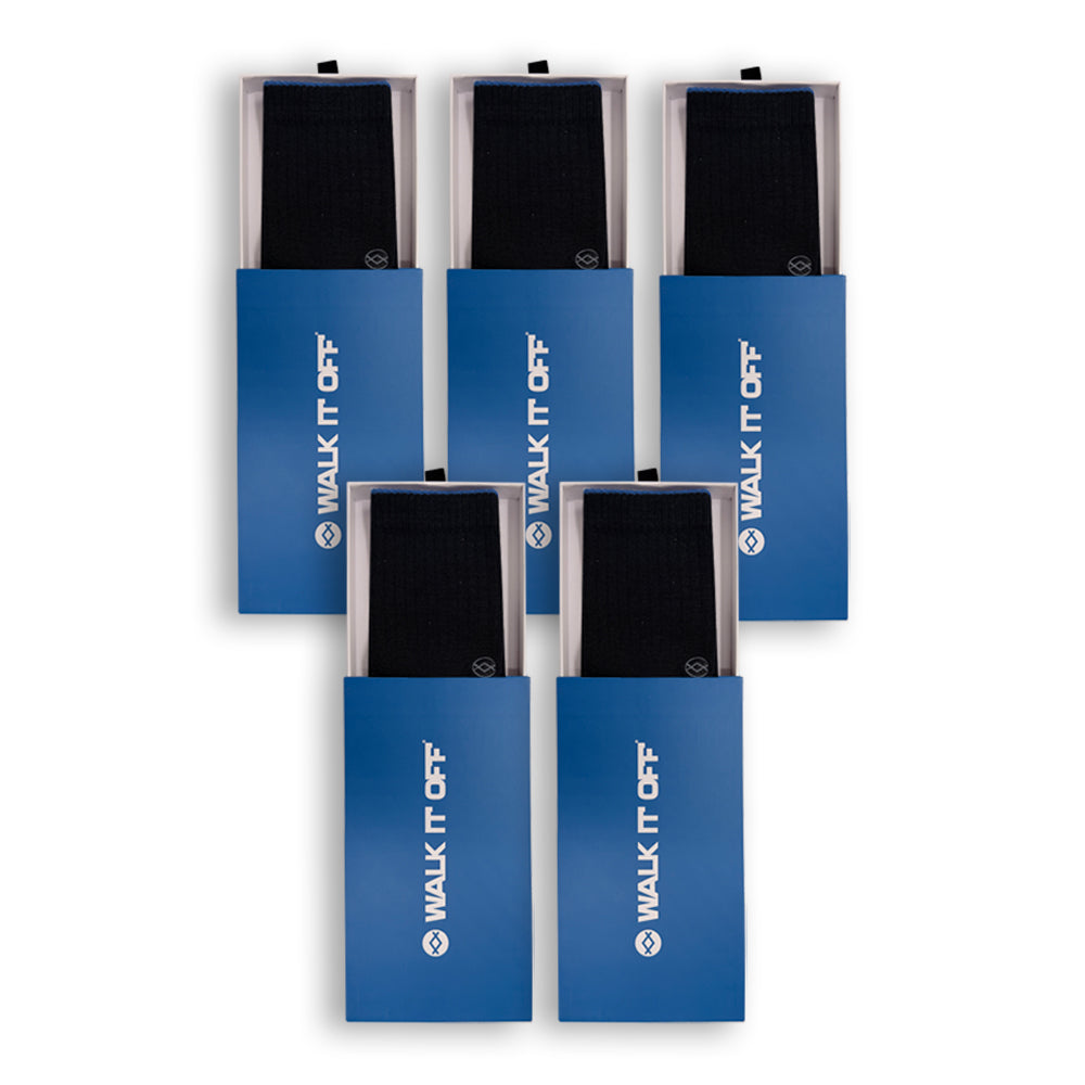 WALK IT OFF 5 pack zwarte merino sokken in premium blauwe verpakkingen