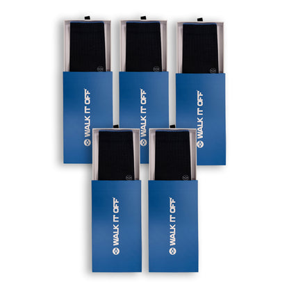WALK IT OFF 5 pack zwarte merino sokken in premium blauwe verpakkingen