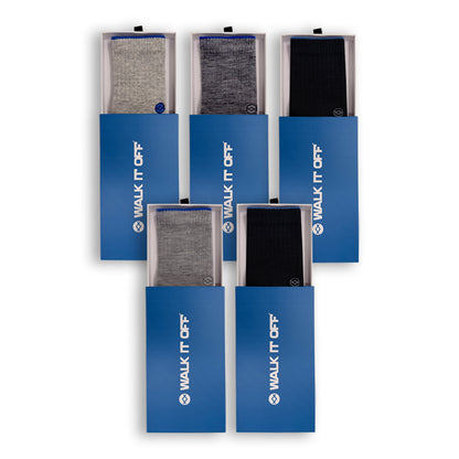 WALK IT OFF 5 pack merino sokken Core met Black, Platino, Antracite en Twister in blauwe verpakkingen