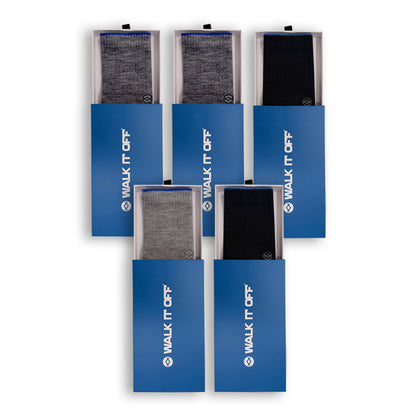 WALK IT OFF 5 pack merino sokken Dark met Antracite, Twister en Black in blauwe verpakkingen