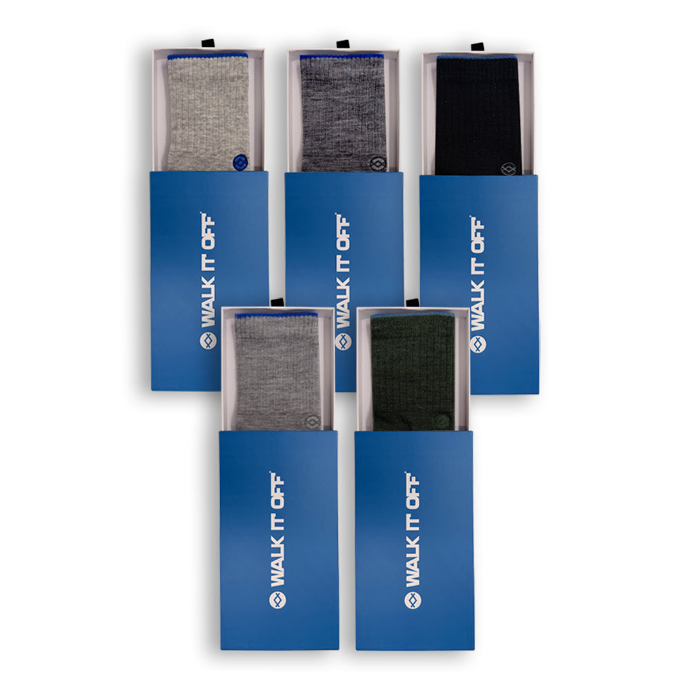 WALK IT OFF 5 pack merino sokken Mix met vijf kleuren: Platino, Twister, Black, Antracite en Ivy