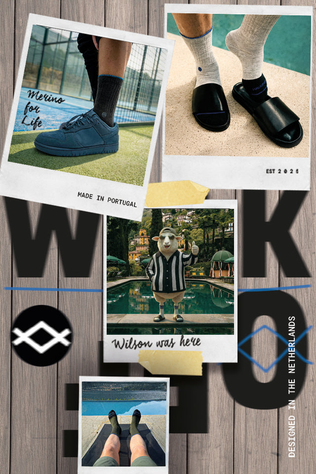 Vintage style collage of WALK IT OFF merino wool socks lifestyle photos on a wooden background.