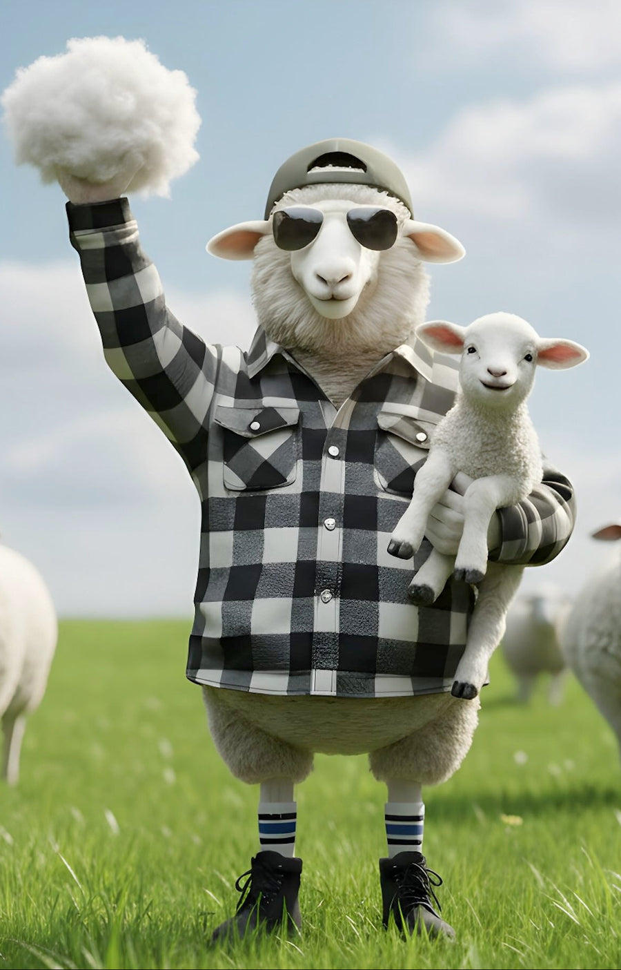 Mascotte Wilson van WALK IT OFF met een lam in een groene wei, symbool voor premium merinowol.