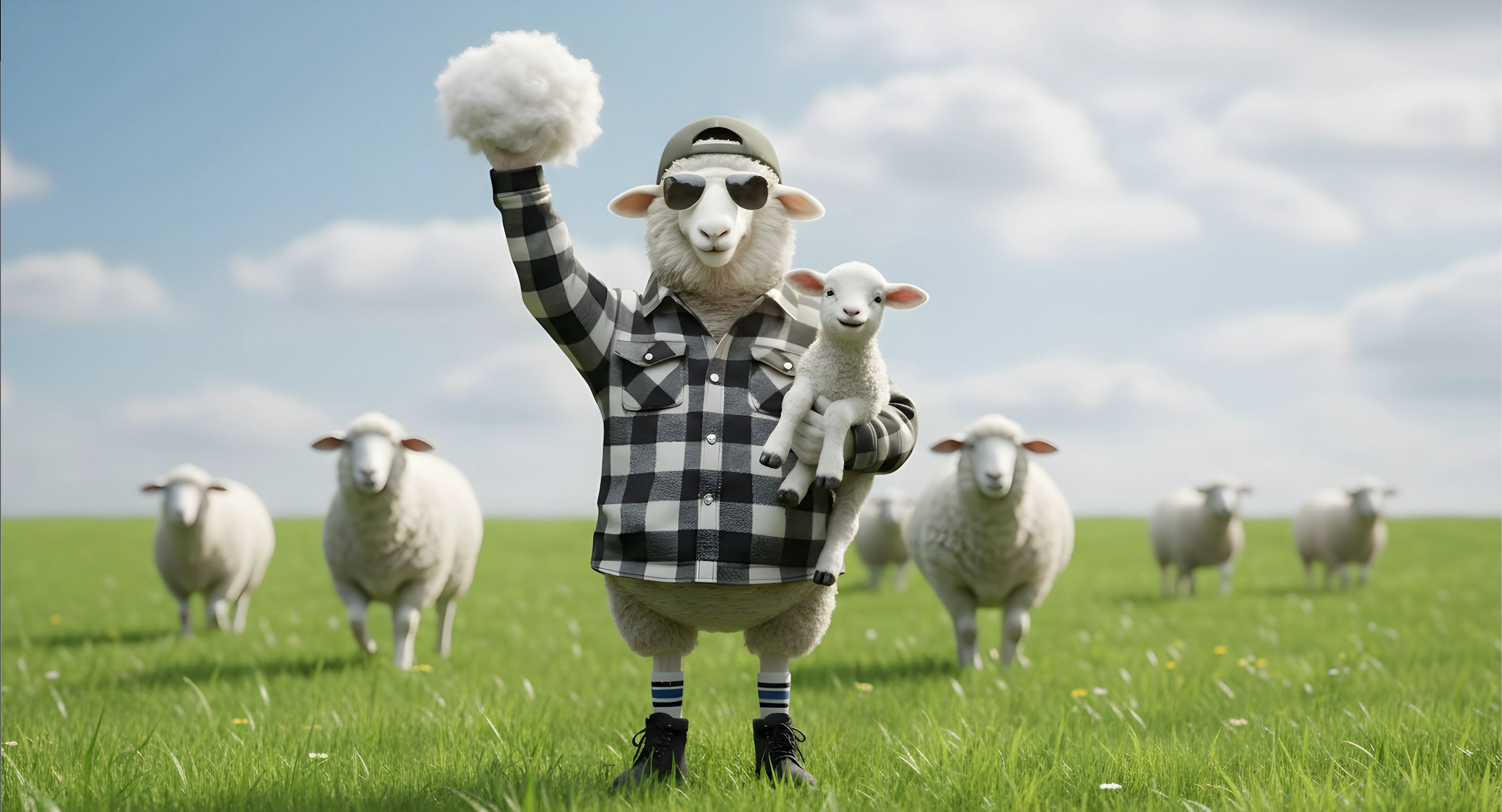 Mascotte Wilson van WALK IT OFF met een lam in een groene wei, symbool voor premium merinowol.