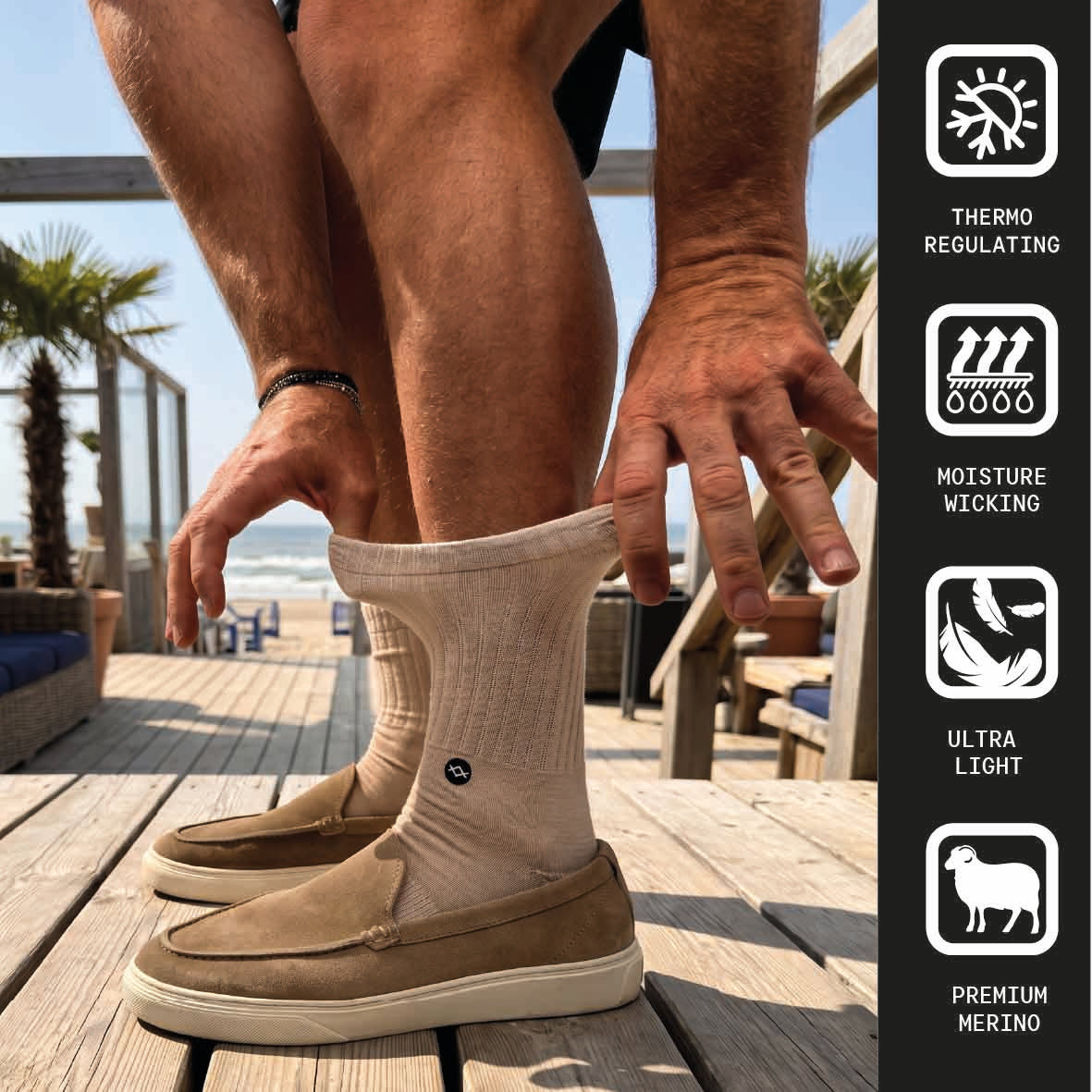 WALK IT OFF merino sokken bij een strandclub met premium merino, temperatuurregulatie en vochtregulatie
