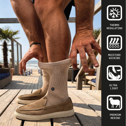 WALK IT OFF merino sokken bij een strandclub met premium merino, temperatuurregulatie en vochtregulatie