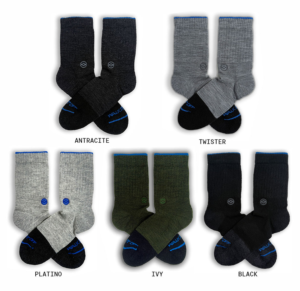 Overzicht van WALK IT OFF merino sokken in de kleuren Antracite, Twister, Platino, Ivy en Black