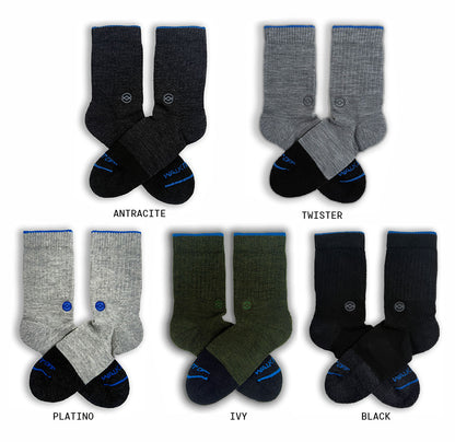 Overzicht van WALK IT OFF merino sokken in de kleuren Antracite, Twister, Platino, Ivy en Black