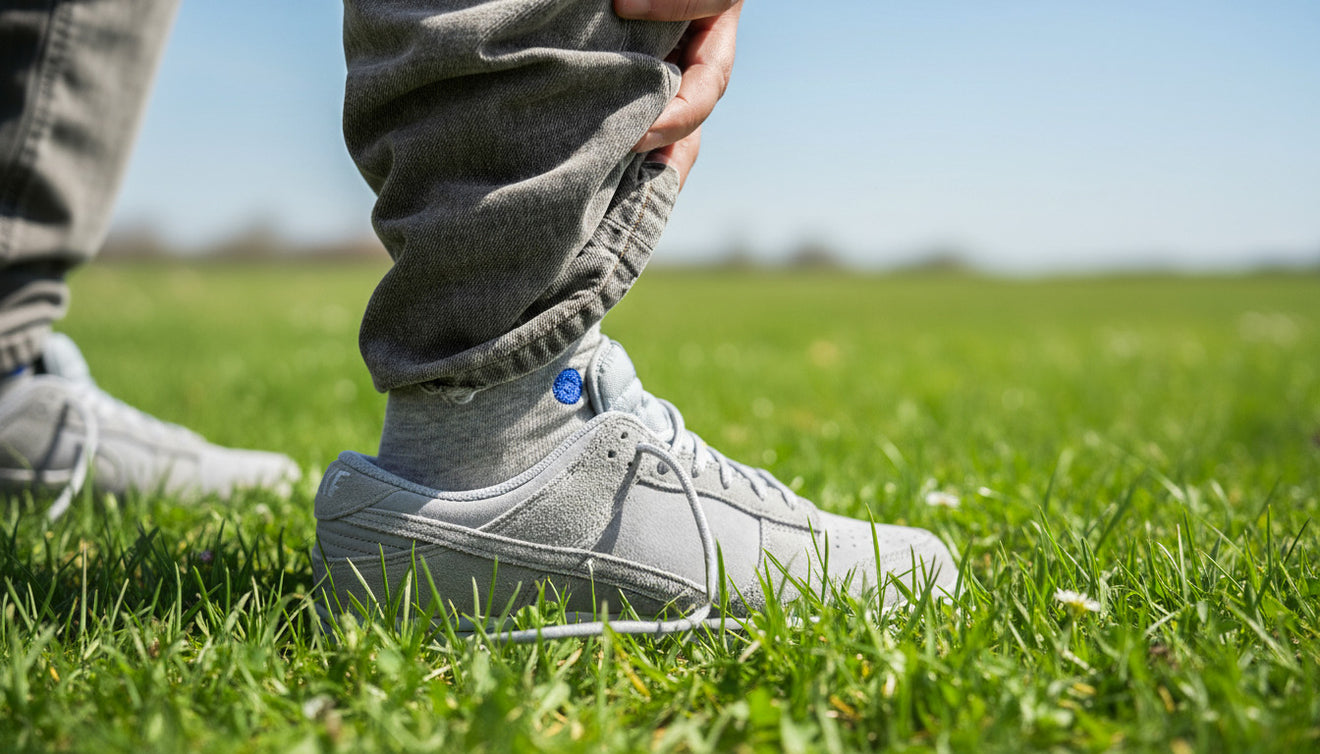 Grijze merino sokken van WALK IT OFF in sneakers, gedragen op gras.