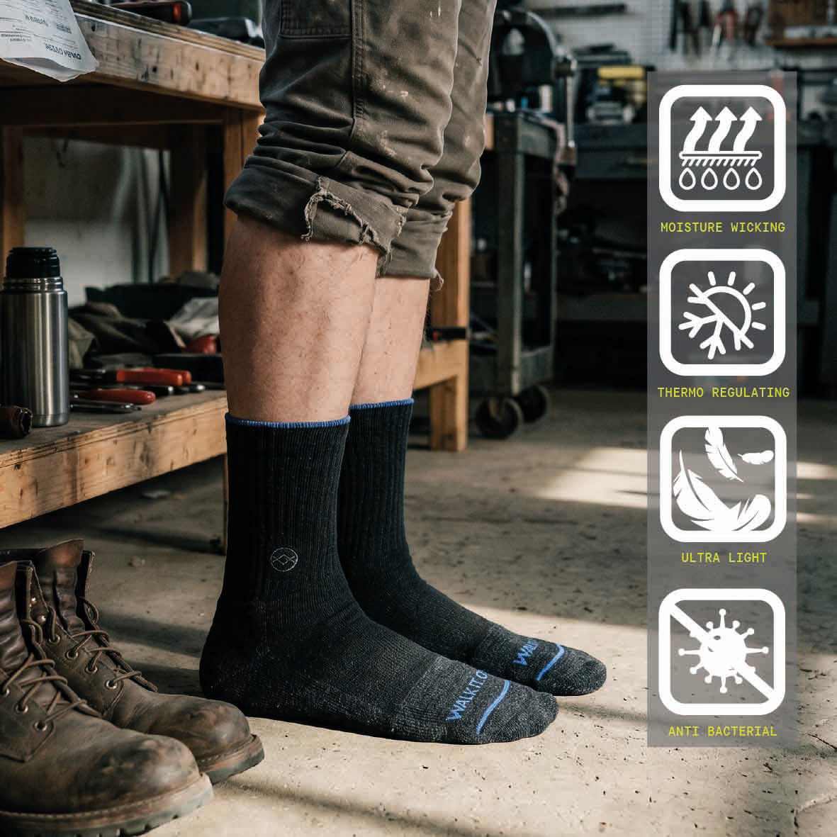 WALK IT OFF merino sokken in een werkplaats met vochtregulerende, temperatuurregulerende en antibacteriële eigenschappen