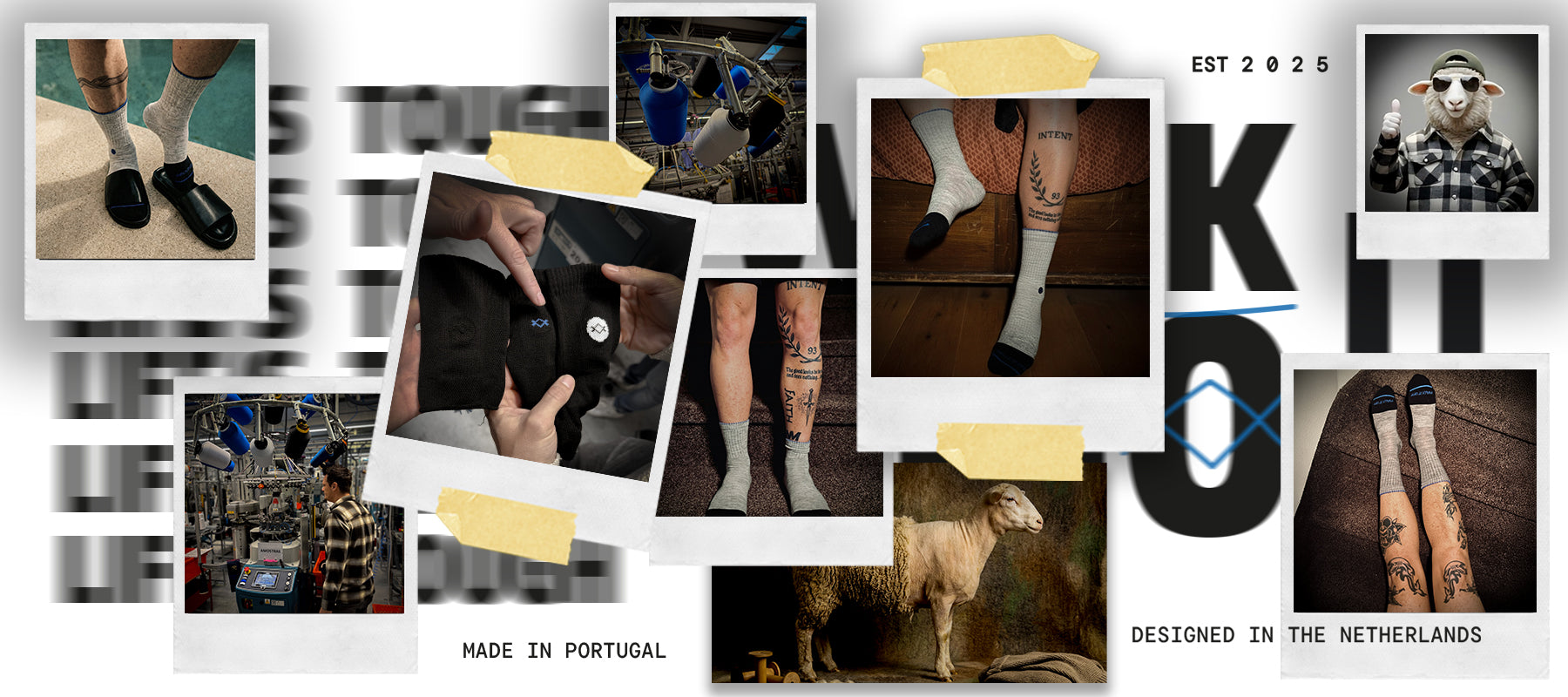 Vintage collage banner van WALK IT OFF met merino sokken, lifestylebeelden en merkverhaal.