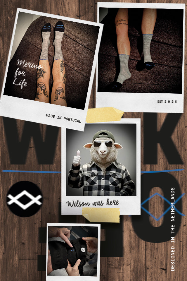 Vintage stijl collage met WALK IT OFF merino sokken, lifestyle fotografie en merkdetails.