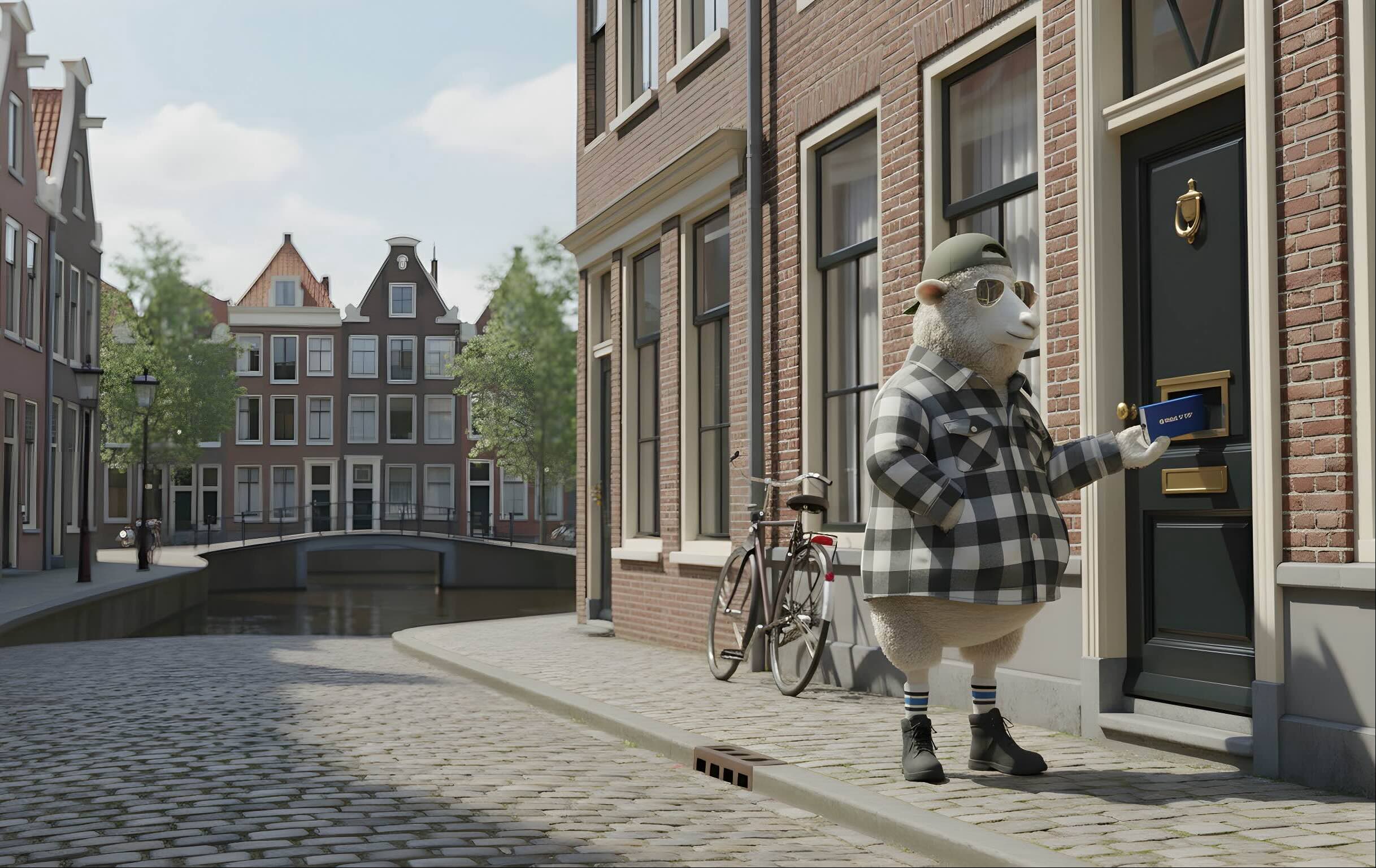 Mascotte Wilson van WALK IT OFF bezorgt een blauw sokkenpakket door de brievenbus.
