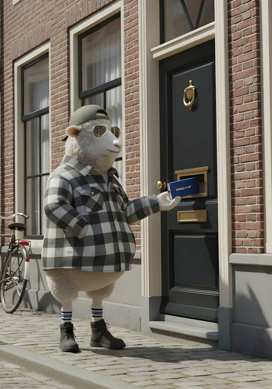 Wilson, ons mascotte-schaap, bezorgt een WALK IT OFF pakket bij de voordeur.