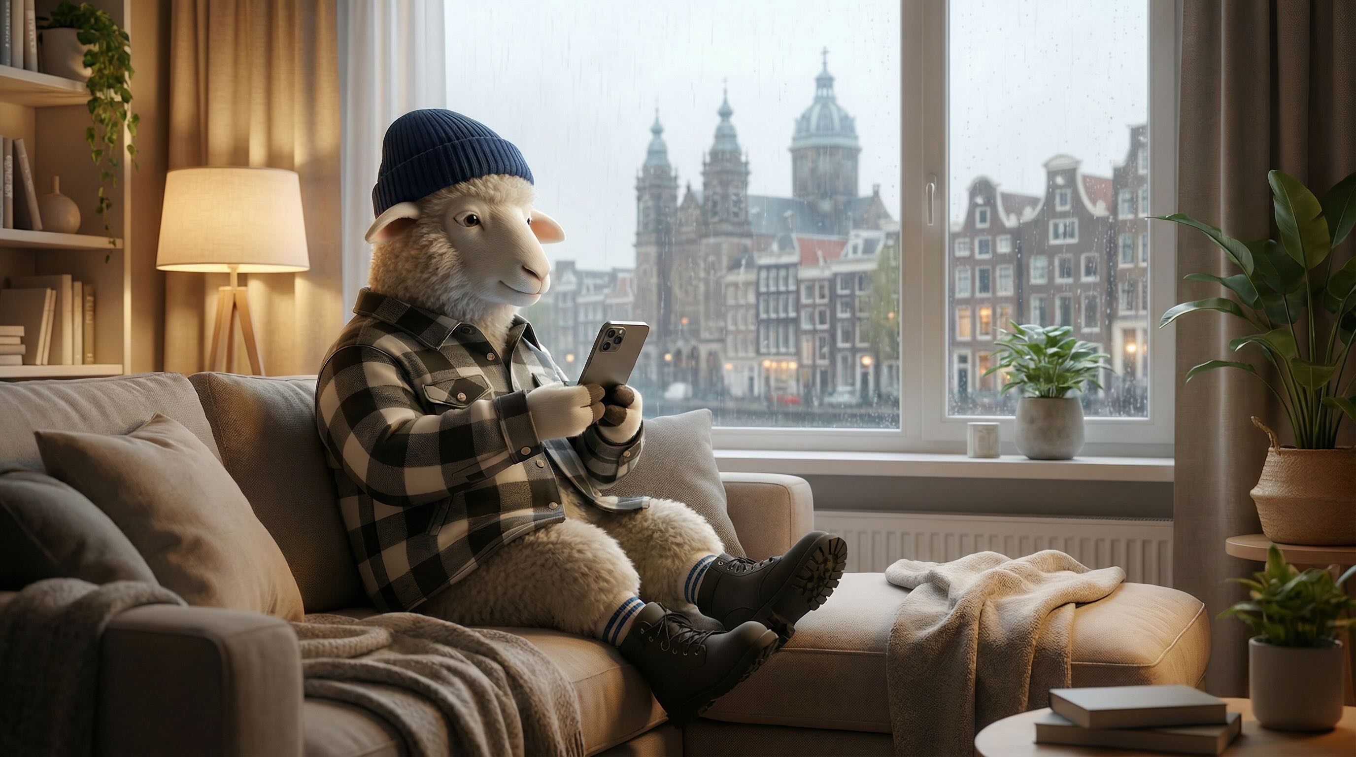 Wilson het schaap leest een klantreview op zijn telefoon terwijl hij WALK IT OFF merinowollen sokken draagt.