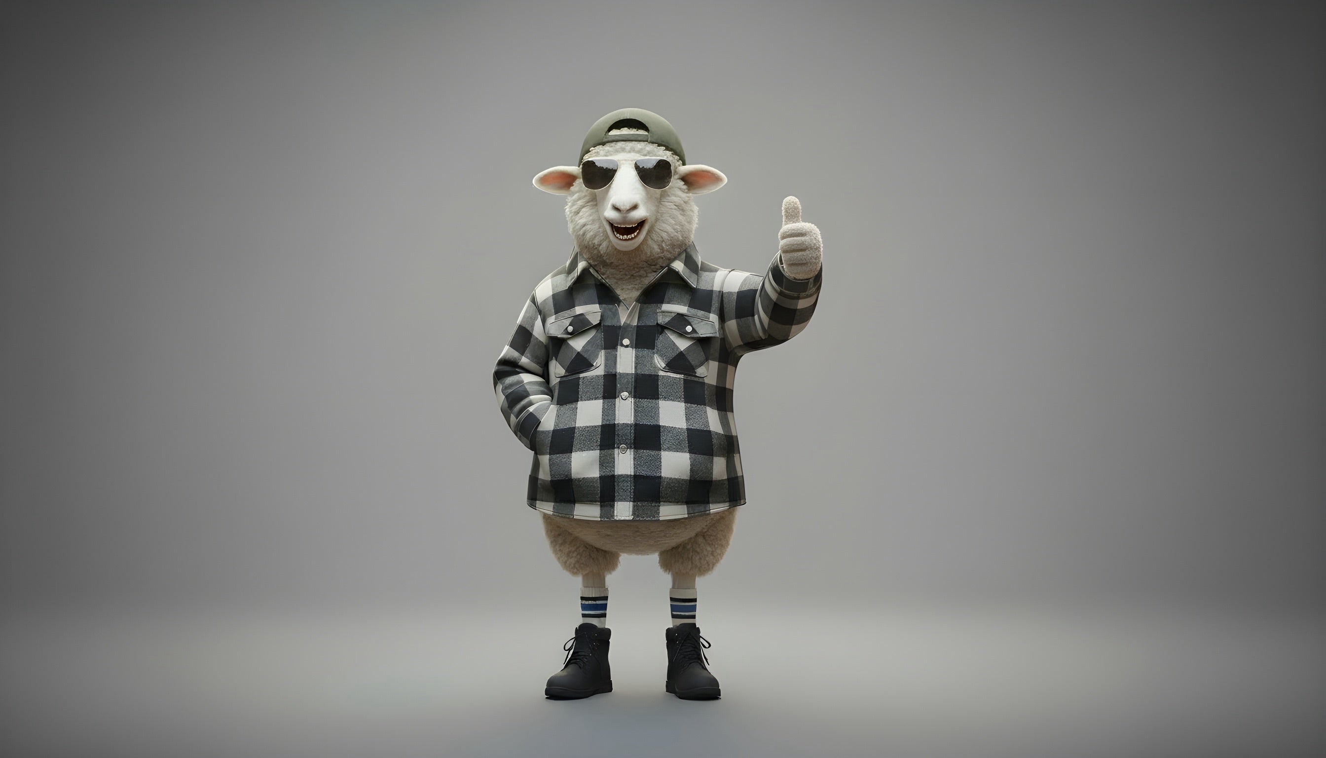 WALK IT OFF-mascotte Wilson geeft een duim omhoog in zwart-witte outfit op een neutrale achtergrond.