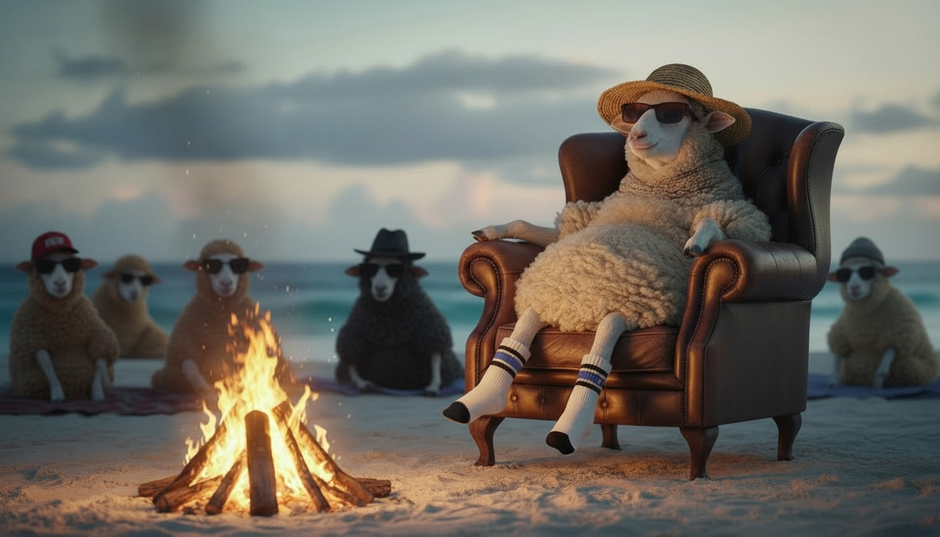 Mascotte Wilson van WALK IT OFF ontspant bij een kampvuur op het strand met merino sokken aan.