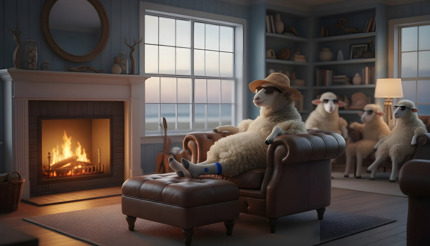 Wilson het schaap ontspant bij de open haard terwijl hij WALK IT OFF merinowollen sokken draagt.