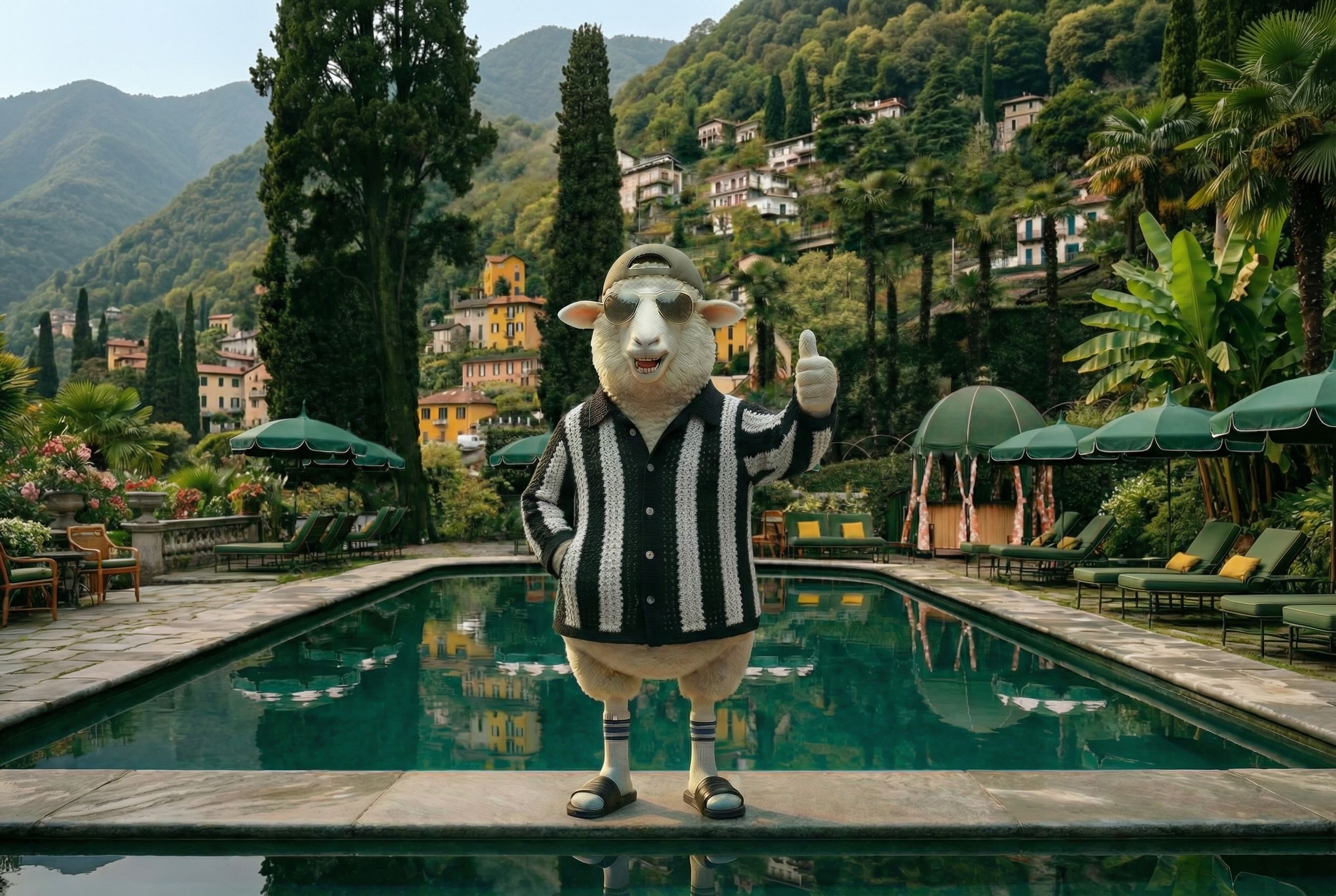Sheep mascot wearing sunglasses by a luxury pool with mountains in the background.